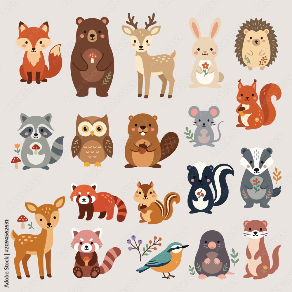 Naklejka premium Forest animals set, cute woodland creatures collection, flat vector illustration