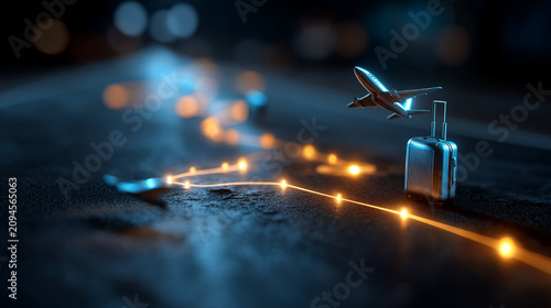 Airplane toy taking off from suitcase with illuminated flight route, airplane