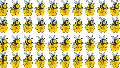 Cuadro en lienzo Cheerful cartoon illustration presenting a repeating pattern of buzzing bees on