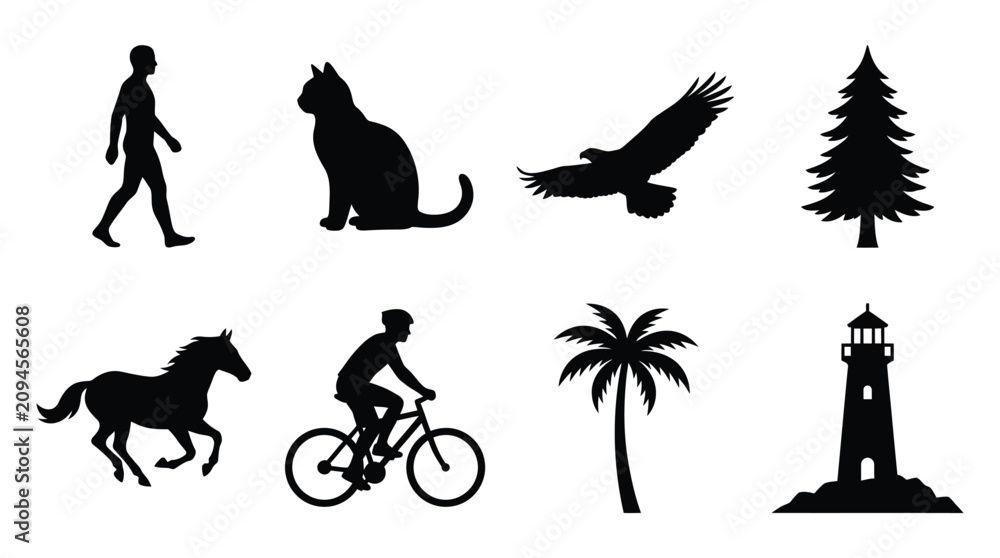 Fototapeta premium Animal And Human Silhouettes Collection Black And White Silhouette