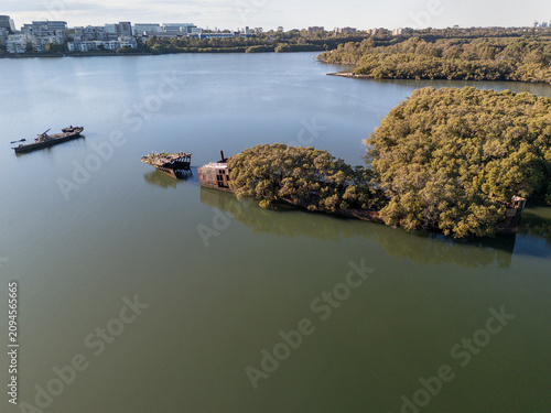 Shipwreck with forest growing out of its rusty hull on sunny day from aerial view. Wreck in located in Homebush Bay, Parramatta river, Sydney Australia.
