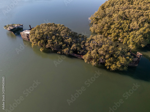 Shipwreck with forest growing out of its rusty hull on sunny day from aerial view. Wreck in located in Homebush Bay, Parramatta river, Sydney Australia.
