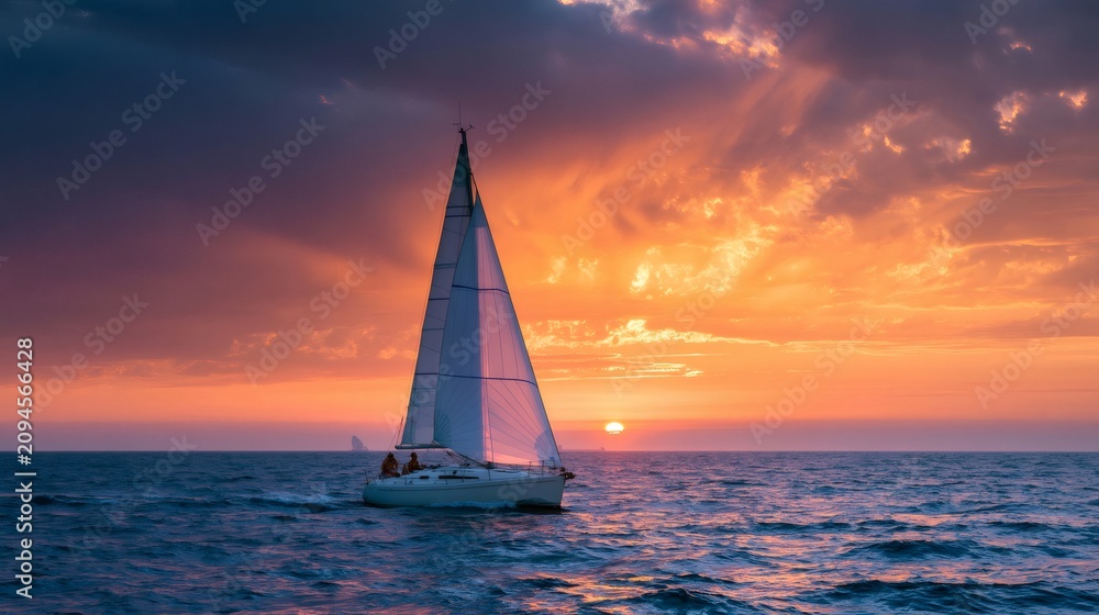 Fototapeta premium Sailboat sailing on ocean at stunning sunset
