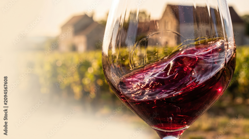Obraz premium Pinot noir wine glass vineyard red swirl sunset estate elegant drink reflection blur grape field rustic house and warm light