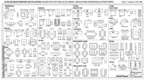 Obraz Comprehensive cad furniture block library for architectural floor plans