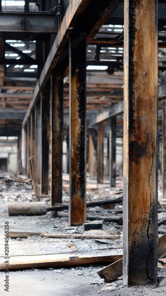 Fototapeta premium Charred Industrial Building Interior: Fire Damaged Metal Structure and Debris