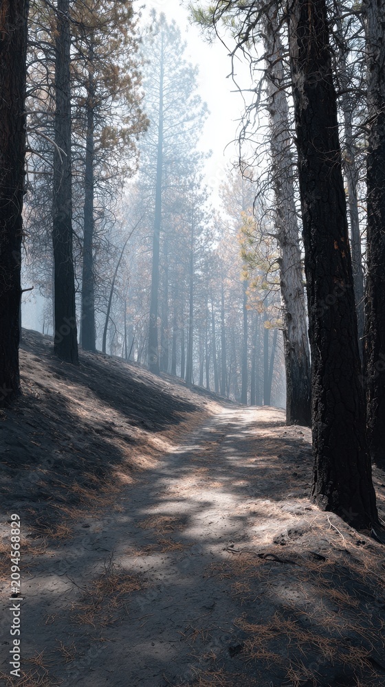 Fototapeta premium Post-Wildfire Forest Path: Charred Trees, Ashy Ground & Misty Haze