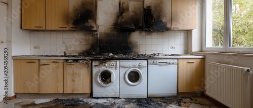 Severely fire-damaged kitchen showing burnt cabinets, scorched walls, and destroyed appliances. Aftermath of a house fire, requiring extensive renovation and property restoration.