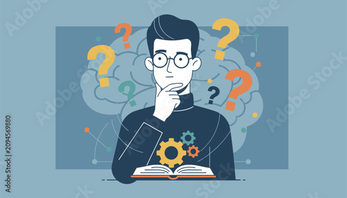 Confused young man thinking with question marks, gear icons, and a large brain outline above him, representing problem solving.