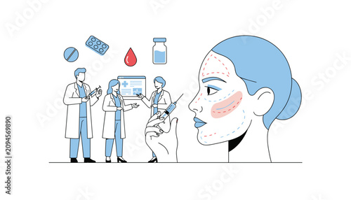 Professional medical team plans facial plastic surgery or cosmetic injection procedure shown next to a female profile with markings.