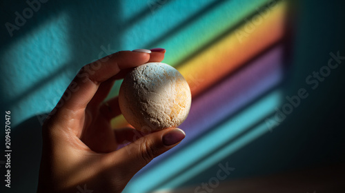 Woman holding a white textured ball in hand with rainbow light stripes, abstract