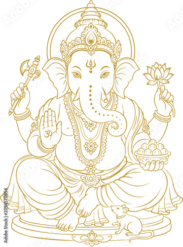 Golden Lord Ganesha Line Art Vector Illustration Elegant Hindu God Outline Design