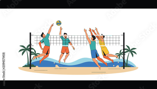 Energetic beach volleyball match with young men jumping to hit the ball over the net near the ocean.
