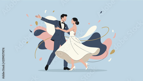Beautiful bride and groom dancing together elegantly at their wedding celebration on a blue background.