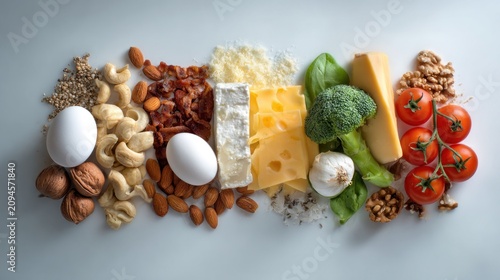 Variety of fresh cheese, nuts, vegetables, and eggs arranged on a light background