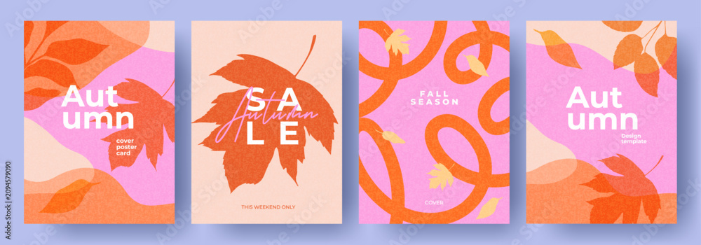 Fototapeta premium Fall season background collection with bright abstract autumn leaves. Autumn modern art minimalist style design templates for sales, poster, print, cover, social media, fashion ads, decor and season g