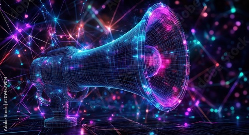 futuristic neon wireframe megaphone with glowing network nodes and particles conveying an energetic digital announcement