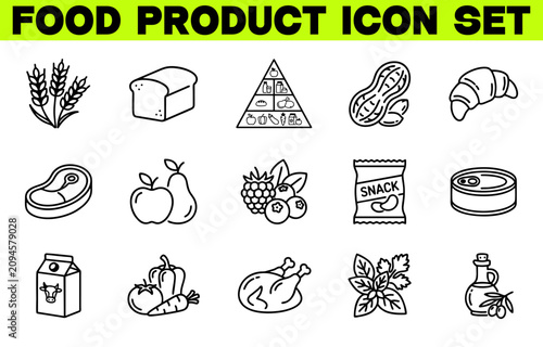 Food Product Line Editable Icon Set - Vector Illustration of Food Classification, Nutrition, Grains, Dairy and Fresh Produce Icons
