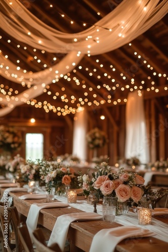 Romantic rustic barn reception with long wooden tables, blush rose centerpieces, votive candles, draped chiffon and warm string lights creating an intimate cozy glow