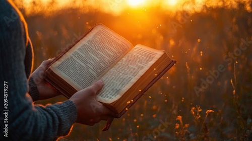 hands holding an open book in a golden sunset field, peaceful and contemplative