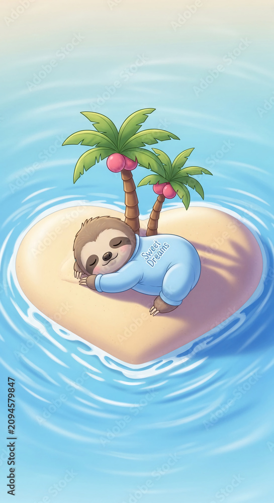 Obraz premium Cute sloth sleeping on a heart-shaped island, surrounded by blue water and palm trees, symbolizing relaxation and sweet dreams