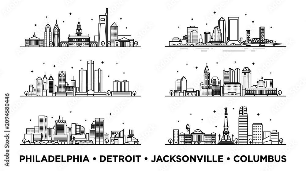 Naklejka premium Black and Gray Minimal Line Art USA City Skylines Vector Illustration Set with Philadelphia, Detroit, Jacksonville and Columbus