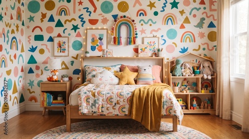 playful colorful kids bedroom interior with rainbow wallpaper decoration