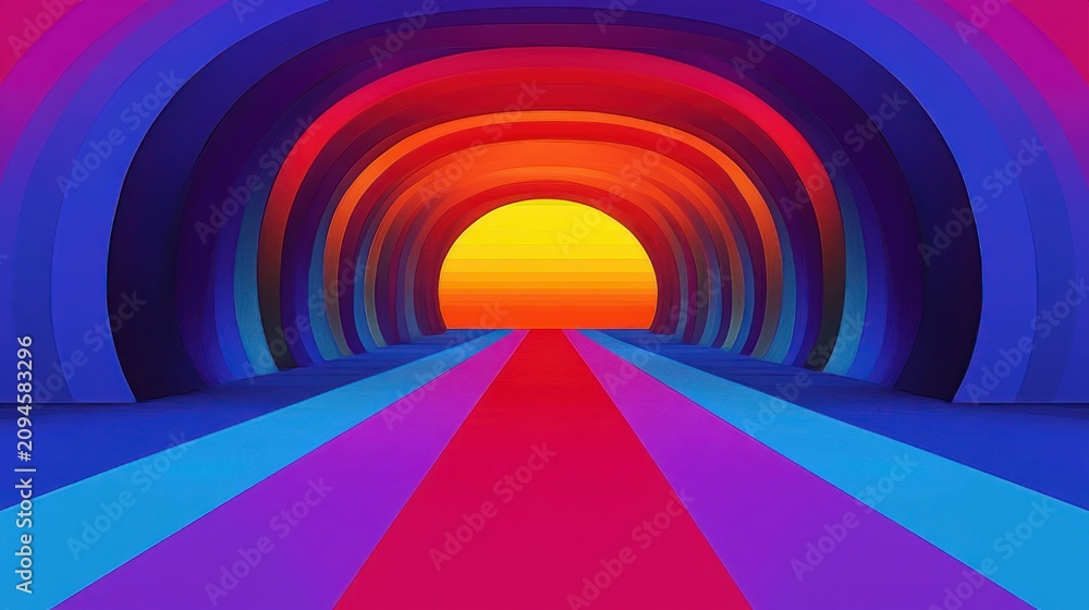 Obraz premium Vibrant multicolored tunnel of concentric arches leading to a glowing sun on the horizon, futuristic optimistic pathway