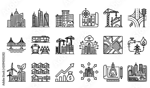 Urbanization Line Icon Set with City Development and Infrastructure Symbols