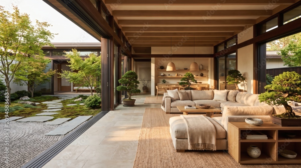Fototapeta premium Japandi Open Concept Living Room with Bonsai and Zen Rock Garden
