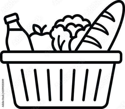 Cuadro en lienzo Simple black and white vector illustration of a shopping basket filled with fres