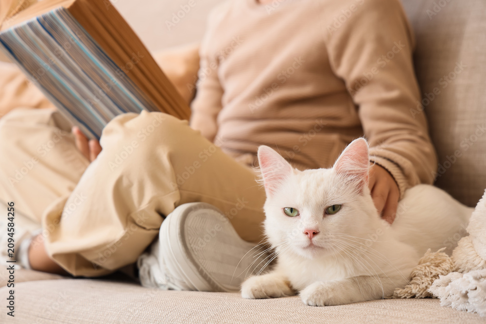Obraz premium Cute little boy with cat reading book on sofa at home, closeup