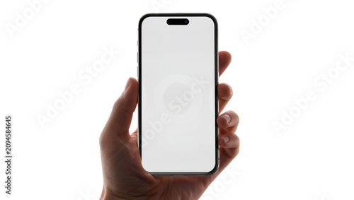 Isolated contemporary smartphone held by a hand displaying a customizable blank screen