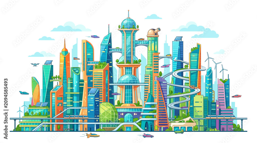 Fototapeta premium Futuristic sustainable eco-city with green skyscrapers and technology.