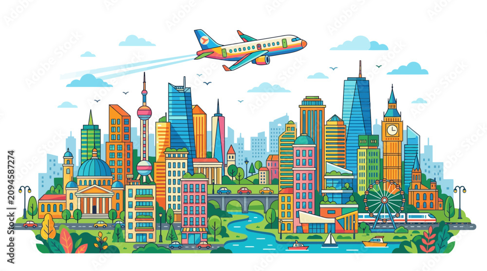 Fototapeta premium Global city skyline panorama with international landmarks.