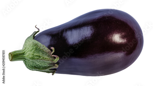 Fotografie Isolated fresh whole glossy purple eggplant vegetable with green stem and calyx
