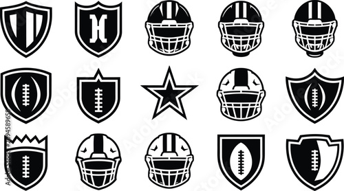 American Football Helmets And Shields Black Silhouette Vector Icons