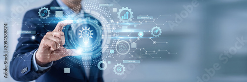 Konstfotografi Businessman Hand Holding Innovation Technology and digital networking data, adva
