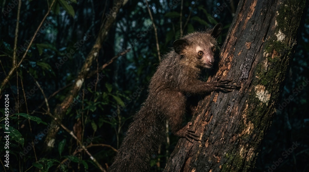 Fototapeta premium Aye Aye Lemur Clinging to Tree Trunk in Madagascar Forest.