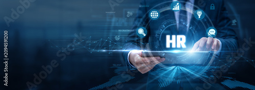 Fotografie HR Manager Analysing Human Resource Using Tablet and Networking Data, talent man