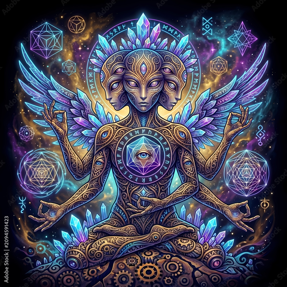 Fototapeta premium Surreal mystical and esoteric composition featuring psychedelic elements, cosmic symbols, sacred geometry, visionary creatures, and magical artifacts in a highly detailed imaginative art style.