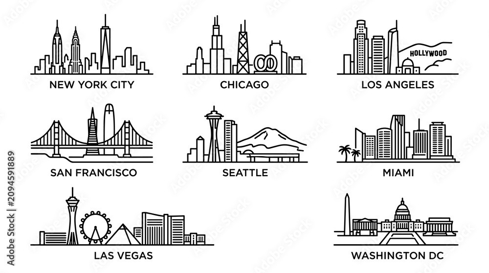 Naklejka premium Minimal American Skyline Icon Collection Featuring New York, Chicago, Los Angeles, San Francisco, Seattle, Miami, Las Vegas and Washington DC Vector Set