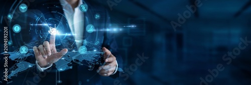 Konstfotografi Executive touching Global Business and Global Networking, international trade systems, cross-border commerce, corporate expansion strategies, worldwide market connectivity solutions