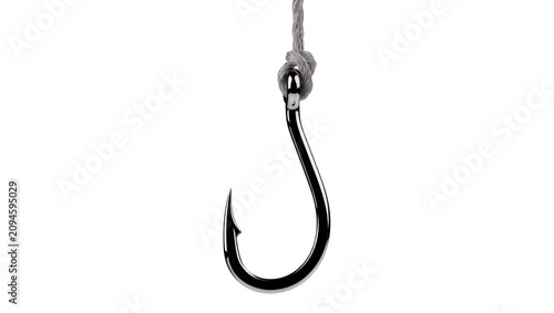 Isolated gleaming metallic fishing hook with braided fishing line knot for fishing sport
