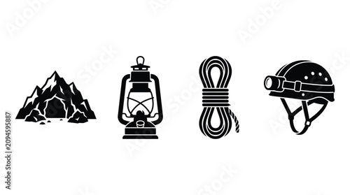 Foto Mountain Lantern Rope And Helmet Silhouette Collection On White Background