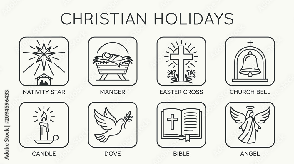 Obraz premium Christian Holidays Icon Set with Nativity Star, Manger, Easter Cross, Church Bell and Angel, Minimal Black Outline Vector Collection