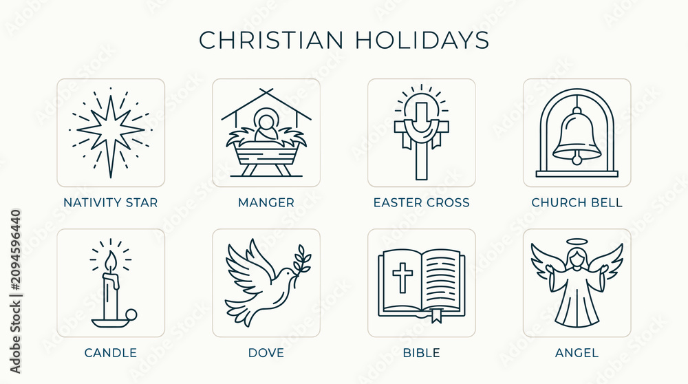 Obraz premium Christian Holidays Icon Set with Nativity Star, Manger, Easter Cross, Angel and Bible, Minimal Black Outline Vector Collection
