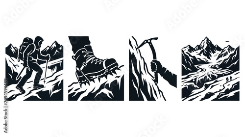 Bild auf Leinwand Mountaineering Silhouettes On White Background Black Vector Illustration