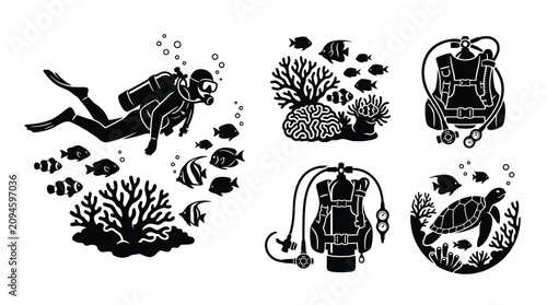 Obraz na plátně Scuba Divers Coral Reefs And Marine Life Silhouettes On White Background