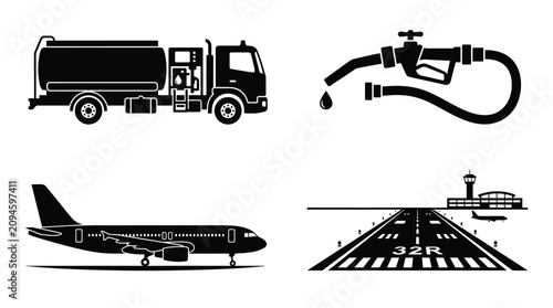 Fuel Tanker Truck Fuel Nozzle Airplane And Airport Runway Silhouettes
